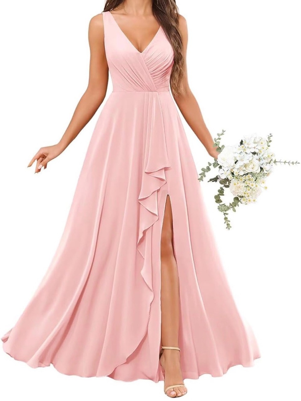 Elegant V-Neck Ruffle Bridesmaid Dress